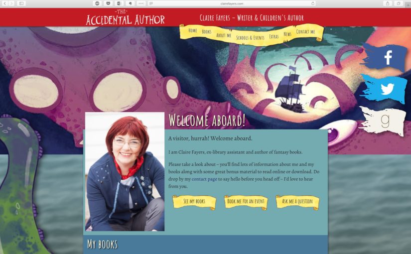 Homepage of ClaireFayers.com author website, with a playful design including pirate flag social media buttons, a waving tentacle, and pirate-map style background to the main navigation menu.